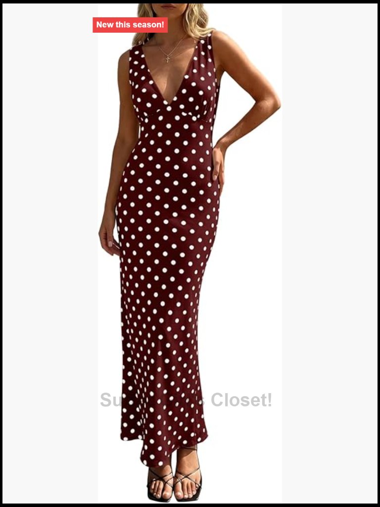Womens Polka Dot V Neck Sleeveless Maxi Bodycon Dress For Party